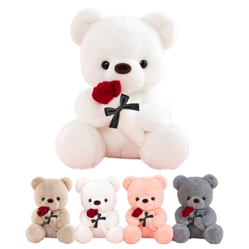 LIHIQIYA Teddybär Weiß, 25cm Teddybär Plüsch, Teddybär mit Rose, Plüsch-Bär Teddybären Rose Stofftier Spielzeug, Plüschtier Kuscheltier Teddybär Adventskalender Geschenke Weihnachts für Frauen Mädchen von LIHIQIYA