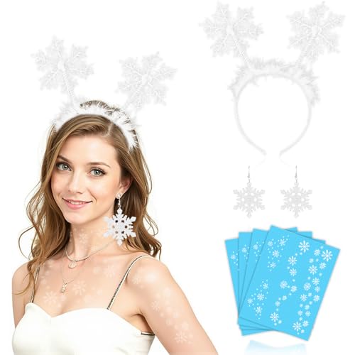 LIHIQIYA Weihnachts-Stirnbänder Schneeflocken, 7er Weihnachten Schneeflocke Kostüm Set Damen Feder Schneeflocken Haarreif Haarreifen Ohrringe Tattoo Kopfschmuck für Frauen Weihnachten Party Geschenke von LIHIQIYA