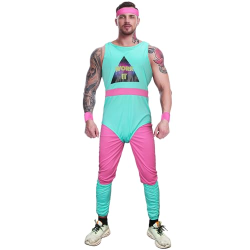 LIKUNGOU 80er Jahre Trainings Kostüm Herren Workout Kostüme 80er Jahre Blauer Trikot Rosa Leggings Beinwärmer Schweißbänder Halloween Fancy Dress Outfit (XL) von LIKUNGOU