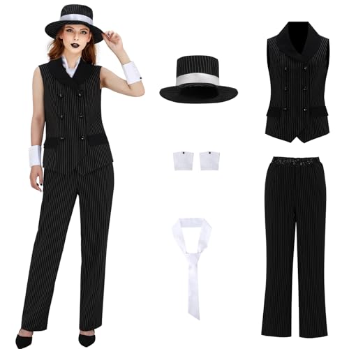 LIKUNGOU Damen Mafia Nadelstreifen Kostüm 1920er Gangster Fancy Dress Set Outfit Halloween Karneval Party Anzug (L) von LIKUNGOU