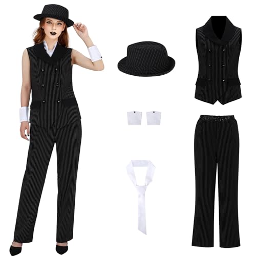 LIKUNGOU Damen Mafia Nadelstreifen Kostüm 1920er Gangster Fancy Dress Set Outfit Halloween Karneval Party Anzug (M) von LIKUNGOU