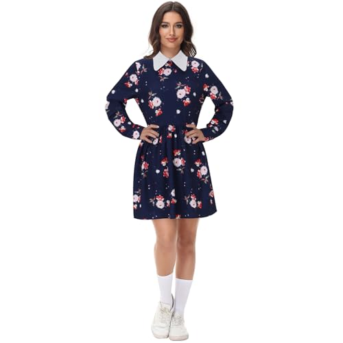 LIKUNGOU Damen Quinn Kostüm Marineblau Florales Kleid Halloween Schurken Kostüm Party Cosplay Outfit (XL) von LIKUNGOU