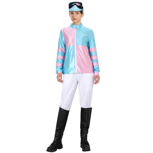 LIKUNGOU Damen Reiten Kostüm Rosa Blau Pferd Reiter Outfit Stiefel Tops Schutzbrille Hut Reitsport Halloween Party Cosplay Outfit (L) von LIKUNGOU