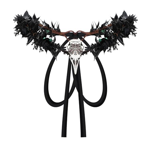 LIKUNGOU Gothic Raben-Stirnband Halloween Dunkler Elf Rabenschädel Krone Tiara, handgemachter Geweih Strass Kopfschmuck Renaissance Kostüm Accessoires (Rabe) von LIKUNGOU