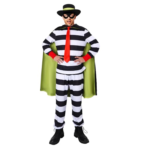 LIKUNGOU Hamburger Räuber Kostüm Schwarzer und weißer Streifen Outfit Maske Cape Halloween Burger Dieb Fancy Dress Cosplay Anzug (L) von LIKUNGOU