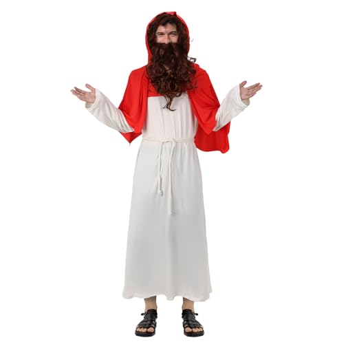 LIKUNGOU Herren Jesus Kostüm Biblisch Religiöser Heiliger Faschings Robe Roter Schal Perücke und Bart Hirte Cosplay Outfit (M) von LIKUNGOU