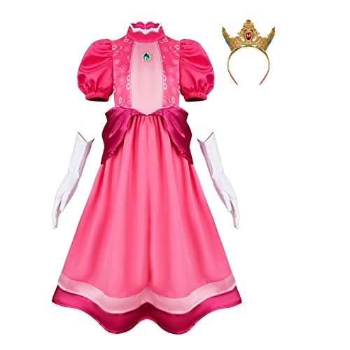 LIKUNGOU Mädchen Prinzessin Peach Kostüm Rosa Kleid Puffärmel Tiara für kleine Mädchen Kinder Halloween Cosplay Fancy Dress (Peach, 110) von LIKUNGOU