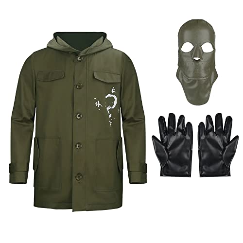 LIKUNGOU Movie Edward Nygma Cosplay Kostüm Mantel Kapuzenjacke mit Ledermaske Handschuhe Outfit Full Set für Halloween Maskerade Requisiten Erwachsene Männer Grün (X-Large) von LIKUNGOU