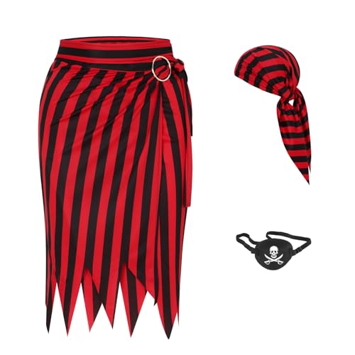 LIKUNGOU Piratenkostüm Frauen Gestreifter Wickelrock Renaissance Piraten Kopftuch Augenklappe Halloween Kostüm Party Outfit Zubehör (rot, M) von LIKUNGOU