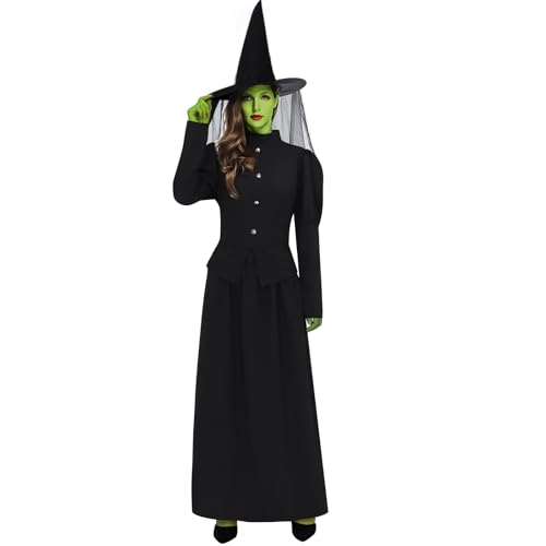 LIKUNGOU Zauberer Böse Hexe Kostüm Erwachsene Frauen Zauberin Schwarzes Kleid Zipfelmütze Halloween Cosplay Party Outfit (L) von LIKUNGOU