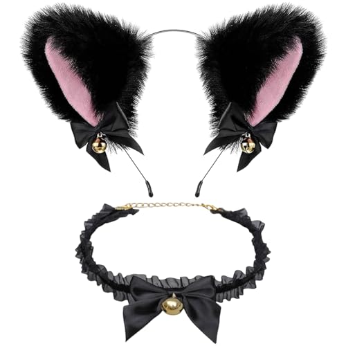 Cat Ears & Katzenohrhalsband, Katzenohren Halloween, Katzenohren Schwarz, Schwarze Katzenohren Haarreif, Cosplay Plüsch Haarreifen, Haarreif Katze, Karneval, Fasching, Halloween, für Kinder Damen von LILELIG