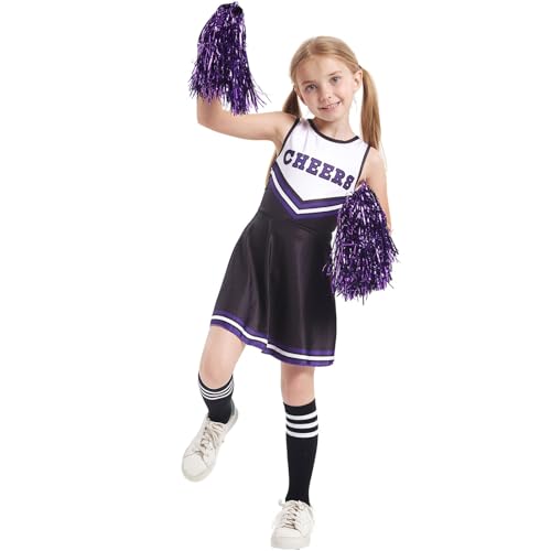 LILIHOT Cheerleader Kostüm Kinder Mädchen Cheerleader Uniform Kleid mit Pompoms Socken Kopfschmuck Cheerleading Karnevalskostüm Faschingskostüme Zombie Kostüm Halloween Party Cosplay(Black,11 Jahre) von LILIHOT