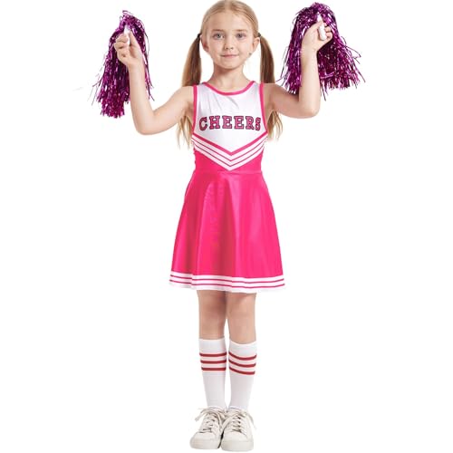 LILIHOT Cheerleader Kostüm Kinder Mädchen Cheerleader Uniform Kleid mit Pompoms Socken Kopfschmuck Cheerleading Karnevalskostüm Faschingskostüme Zombie Kostüm Halloween Party Cosplay(Hot Pink,XL) von LILIHOT