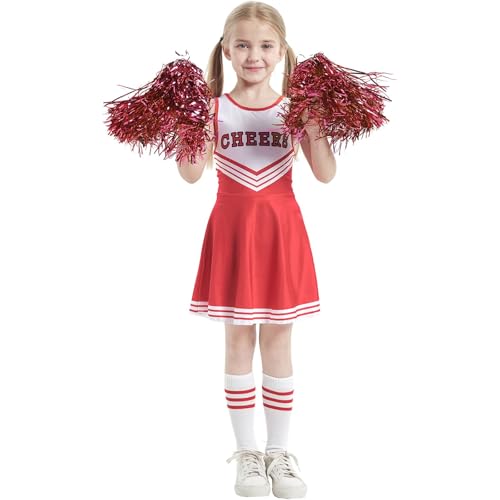 LILIHOT Cheerleader Kostüm Kinder Mädchen Cheerleader Uniform Kleid mit Pompoms Socken Kopfschmuck Cheerleading Karnevalskostüm Faschingskostüme Zombie Kostüm Halloween Party Cosplay(Red,M) von LILIHOT