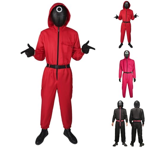 LILIHOT Game Kostüm Staffel 2,Cosplay Jumpsuit Set Costume Merch Karneval Kostüm für Erwachsene Roter Overall mit Kapuze ohne Maske,Verkleidung Karneval Halloween Motto Party(#B Deep Red,3XL) von LILIHOT