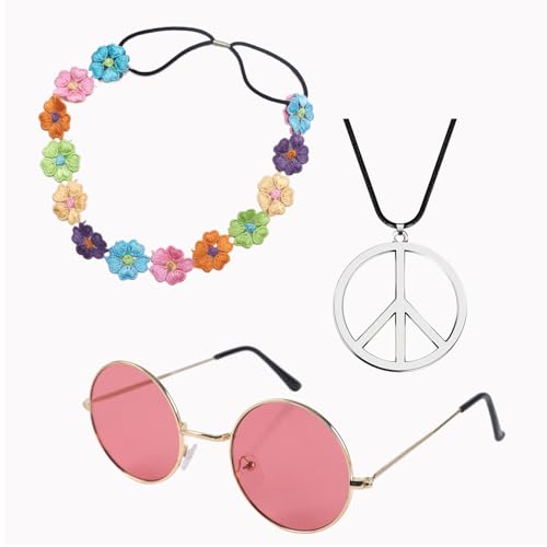 3Stück Hippie Kostüm Damen,70er Jahre Outfit,60er Kleidung Accessoires,Sonnenbrille,Sonnenblumen Blumen Stirnbänder,Zeichen Halsketten,Flower Bekleidung Zubehör,für Fasching,Mottoparty,Fotoaccessoires von LILIKAI