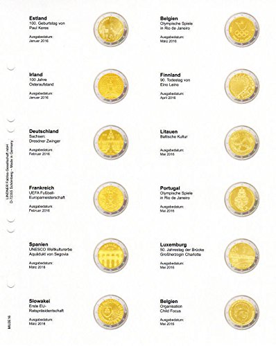 Vordruckblatt 2 EURO Gedenkmünzen: Estland 01/2016 - Belgien 05/2016 [Lindner MU2E16], Vordruckblatt inkl. Multi Collect Münzenblatt MU24 von LINDNER Das Original