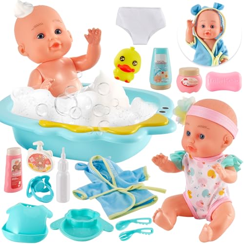 LINFUN KIDS Baby Puppen Spielset, Puppen Zubehör Baden mit Kleidung Puppenbadewanne Bademantel Badespielzeug, Puppenfütterset Puppenset Puppenspielzeug Rollenspiel Geschenk für Junge Mädchen 3 Jahre von LINFUN KIDS