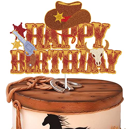 Cowboy Happy Birthday Tortenaufsatz Braun Glitzer Dallas Little Cowboy Party Kuchendekoration Western Wild West Pferd Thema Geburtstag Party Supplies von LINGBOOM