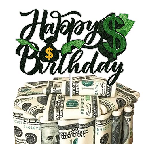 Dollar Happy Birthday Cake Topper Grün Glitter Dollar Bill Sign Money Cake Decoration for Dollar Theme Birthday Party Decor Supplies von LINGBOOM