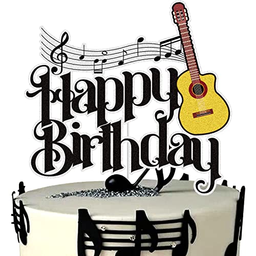 Gitarre Happy Birthday Cake Topper Schwarz Glitzer Musik Noten Kuchen Dekoration Band Musik Liebhaber Thema Geburtstag Party Supplies für Musiker von LINGBOOM