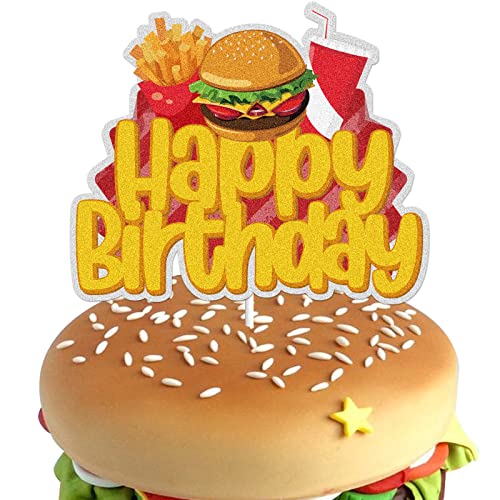 Hamburger Happy Birthday Cake Topper Gold Glitter Hot Dog Brötchen Brot Hamburger Dackel Kuchen Dekorationen Essen BBQ Cheeseburger Pommes Fries Day Fast Food Themenparty Supplies von LINGBOOM