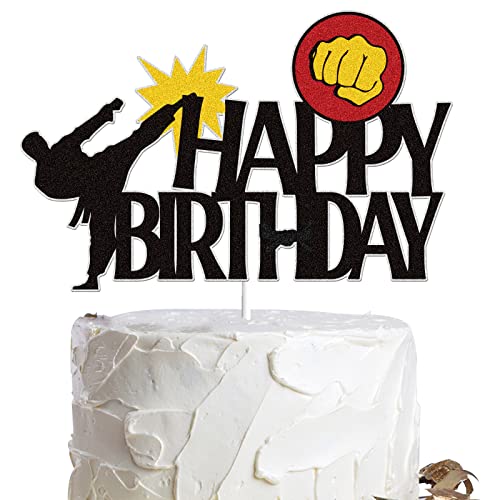 Karate Happy Birthday Tortenaufsatz Schwarz Glitzer Kung Fu Schwarz Gürtel Taekwondo Motto Party Zubehör für Jungen Mädchen Männer Frauen von LINGBOOM