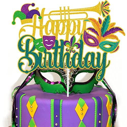 Mardi Gras Happy Birthday Cake Topper Gold Grün Glitzer Maskerade Maske Geburtstag Kuchen Dekoration New Orleans Karneval Thema Geburtstag Party Supplies für Jungen Mädchen von LINGBOOM