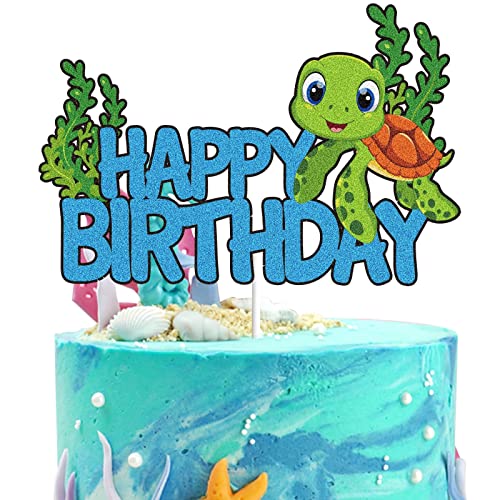 Meeresschildkröte Happy Birthday Tortenaufsatz Blau Grün Glitzer Schildkröte Meerestiere Kuchen Dekor Unter dem Meer Ozean Strand Thema Geburtstag Party Dekorationen Supplies von LINGBOOM