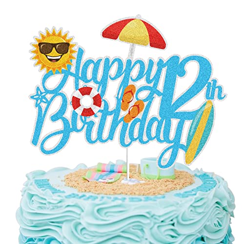 Sommer Strand Happy 12th Birthday Cake Topper Blue Glitter Summer Pool Swimming Surfen 12 Twelve Years Old Party Decoration Summer Holiday Birthday Party Favor Supplies von LINGBOOM