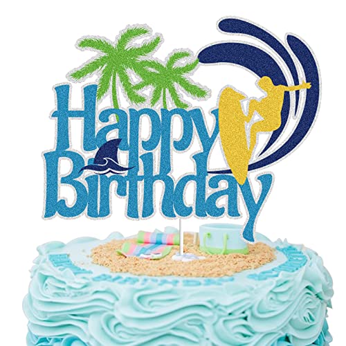 Surfing Happy Birthday Tortenaufsatz Sommer Strand Blau Glitzer Surfbrett Kuchendekoration Surf's Up Sommer Hawaii Urlaub Geburtstag Party Favor Supplies von LINGBOOM