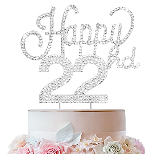 LINGTEER Tortenaufsatz "Happy 22nd Birthday", silberfarbene Strasssteine, Tortenaufsatz – Cheers to 22nd Birthday 22 Years Old Party Cake Centerpieces Topper Dekorationen Geschenk Schild von LINGTEER