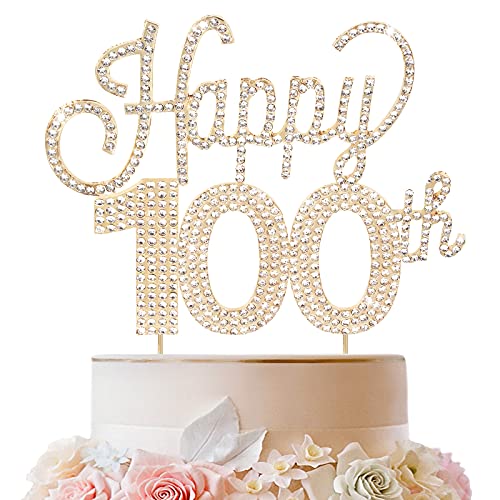 LINGTEER Tortenaufsatz mit Aufschrift "Happy 100th Birthday", goldfarben, mit Strass-Steinen, Kuchendekoration von LINGTEER