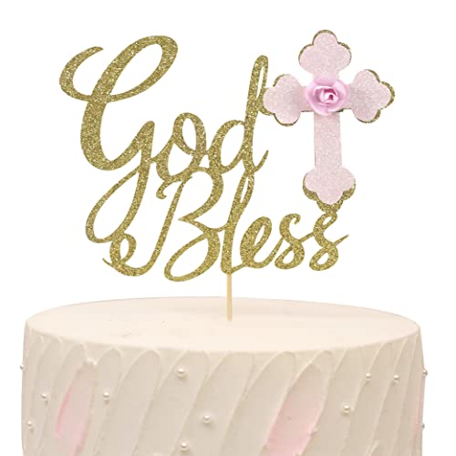 Girl God Bless Cake Topper - Taufe Tortenaufsatz mit Kreuz, Glitzer Gold Kuchenaufsatz für Erstkommunion, religiöse Taufe, Taufe, Kind Widmung Andenken Dekoration von LINLULU