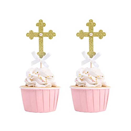 Tauf-Cupcake-Topper – Tauf-Dekorationen, Set mit 12 goldenen Glitzerkreuz-Cupcake-Topper mit weißer Schleife, Gott-Segen-Kuchendekorationen, Erstkommunion-Dekorationen, Babyparty-Dekorationen von LINLULU