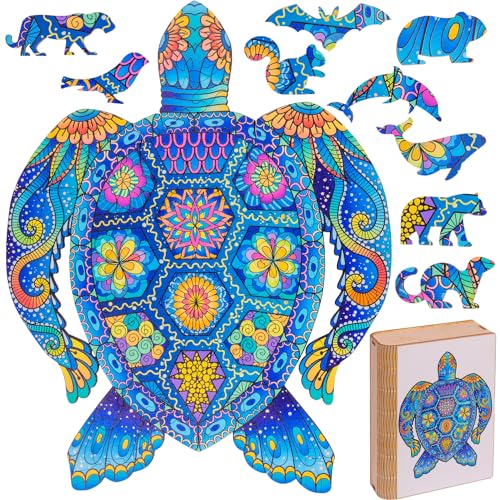 LINPopUp® Holzpuzzle - Schildkröte, mit einzigartigen Tierform Puzzleteile, mit hochwertigem Geschenkbox aus Holz, als Geschenk zum Geburtstag, zur Einschulung, N005 von LINPOPUP