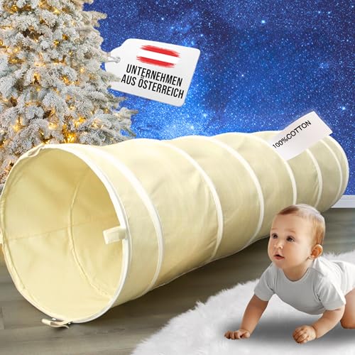 LIONHERZ® Spieltunnel für Kinder aus 100% Baumwolle mit Klettverschlüssen | Krabbeltunnel für Baby [180cm x 46cm] Faltbarer Pop-up Kriechtunnel | Krabbelrolle für Kinderzimmer, Spielzelt (Cremeweiß) von LIONHERZ