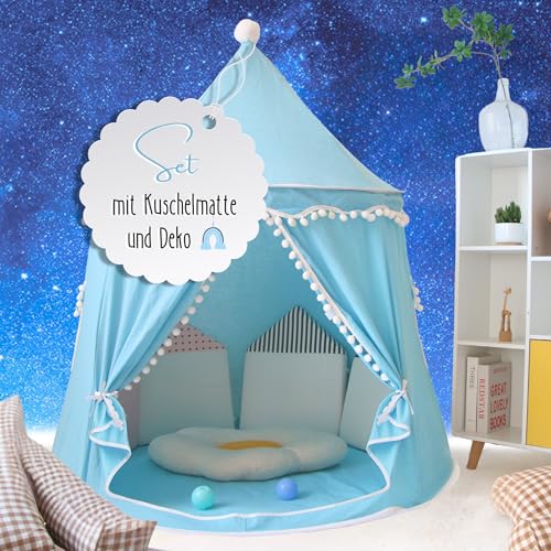 LIONHERZ® Spielzelt für Kinder, atmungsaktiv aus Baumwolle&Hanf | Prinzenschloss mit Fiberglasstangen, Tasche, Matte und Deko | stabiles Spielhaus Indoor | Tipi Jungen (Himmelblau, mit Zubehör) von LIONHERZ