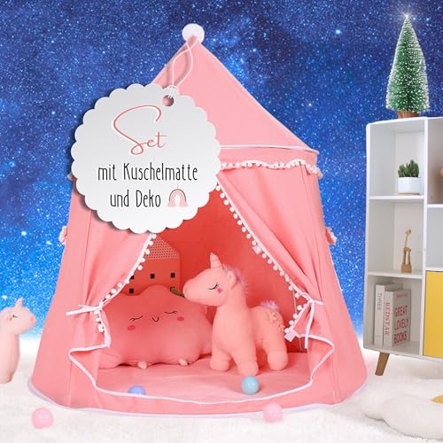 LIONHERZ® Spielzelt für Kinder, atmungsaktiv aus Baumwolle&Hanf | Prinzessinnenschloss mit Fiberglasstangen, Tasche, Matte und Deko | stabiles Spielhaus Indoor | Tipi Mädchen (Korallrosa, mit Zubehör) von LIONHERZ