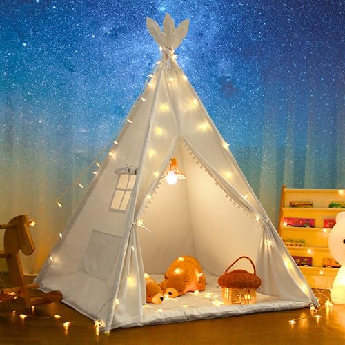 LIONHERZ® DAS ORIGINAL Tipi Zelt für Kinder aus 100% Baumwolle mit Federdeko, Kuschelmatte, Stabilisator, Tragetasche [Stabil] Tippi Kinderzelt, Teepee Spielzelt (Reinweiß) von LIONHERZ