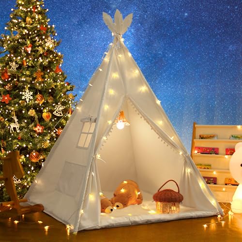 LIONHERZ® DAS ORIGINAL Tipi Zelt für Kinder aus 100% Baumwolle mit Federdeko, Kuschelmatte, Tragetasche [Stabil] Tippi Kinderzelt, Teepee Spielzelt (Reinweiß) von LIONHERZ