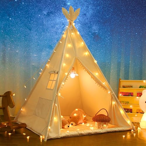 LIONHERZ® DAS ORIGINAL Tipi Zelt für Kinder aus 100% Baumwolle mit Federdeko, Kuschelmatte, Stabilisator, Tragetasche [Stabil] Tippi Kinderzelt Teepee Spielzelt (Cremeweiß) von LIONHERZ