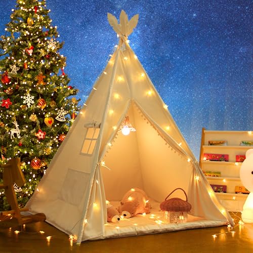 LIONHERZ® DAS ORIGINAL Tipi Zelt für Kinder aus 100% Baumwolle mit Federdeko, Kuschelmatte, Tragetasche [Stabil] Tippi Kinderzelt Teepee Spielzelt (Cremeweiß) von LIONHERZ