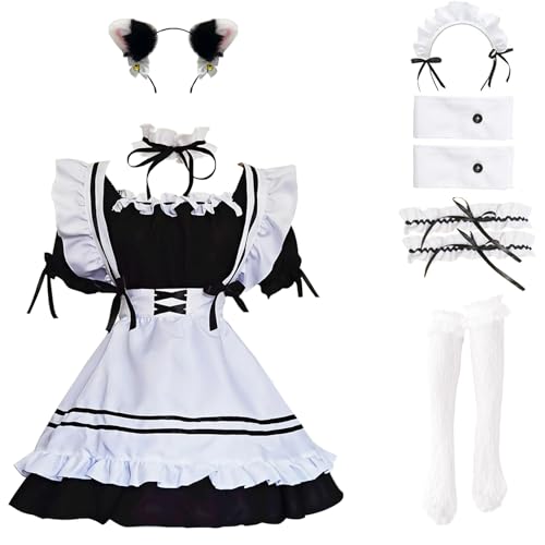 LISANEK Dienstmädchen-Outfit Anime Cosplay Lolita Kleid Französisches Dienstmädchenkostüm mit Plüsch-Katzenohren und Socken-Set, Schwarz, 3XL LISANEK Dienstmädchen-Outfit Anime Cosplay Lolita Kleid Französisches Dienstmädchenkostüm mit Plüsch-Katzenohren und Socken-Set, Schwarz, 3XL von LISANEK