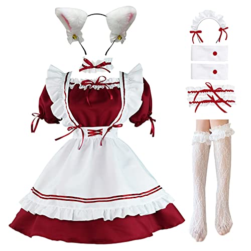 LISANEK Maid Outfit Anime Cosplay Lolita Maid Kleid French Maid Kostüm Plüsch Katzenohren Socken Set (M, Rot) von LISANEK