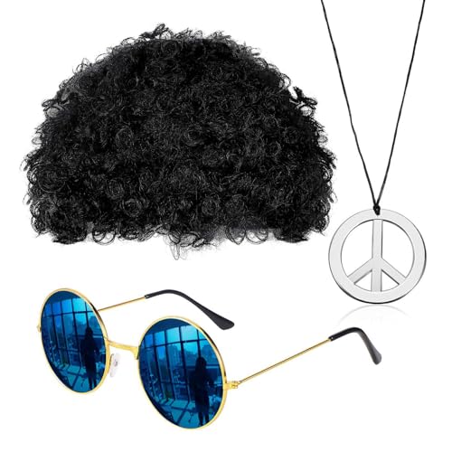 LIUASMUE Hippie Kostüm Set Hippie Sonnenbrille Friedenszeichen Halskette Schnurrbärte Dicos Halskette Perücken 80er Jahre Accessoires Geschenke Hippie Kostüm Set von LIUASMUE