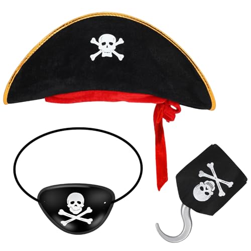 LIURFLNC 1 Stück Piratenhut Kinder + 1 Stück Augenklappe Pirat + 1 Stück Piratenhaken, Piratenkostüm Kinder, Pirate Accessories für Jungen Mädchen Karneval Halloween Piraten Party Kostüm Thema von LIURFLNC