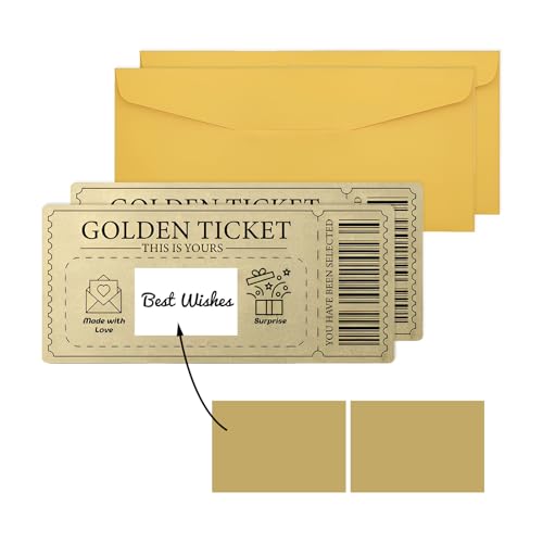 LIURFLNC 2 Stück Goldenes Ticket, Golden Ticket zum Selber Ausfüllen, Goldenes Ticket Gutschein Rubbel mit Rubbelaufkleber und Umschlägen, Gutschein Goldenes Ticket Geschenk für Freundin von LIURFLNC