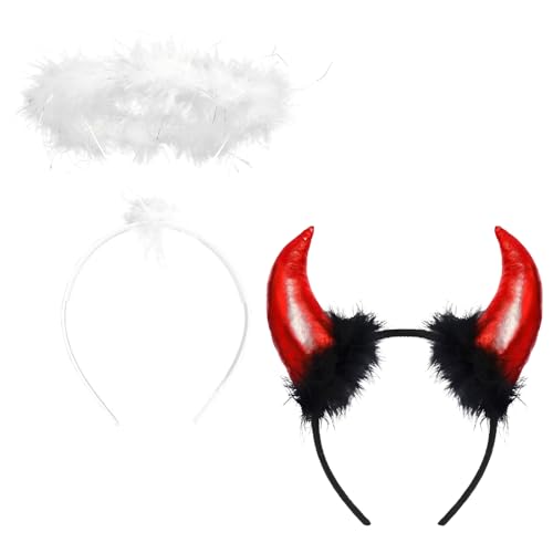 LIURFLNC 2 Stück Engel und Teufel Kostüm, Heiligenschein Engel, Teufelshörner Haarreif, Engel Haarreif + Teufel Hörner Teufelsohren Accessoire für Fasching Karneval Kostüm Cosplay Party von LIURFLNC