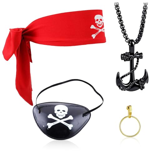 LIURFLNC 4 Stück Piraten Kostüm Zubehör Set, Piratenkostüm Kinder, Vintage Piraten Accessoires, Creolen Piraten Augenklappen Piraten Kopftuch, für Karneval Halloween Piraten Party Kostüm Prop von LIURFLNC